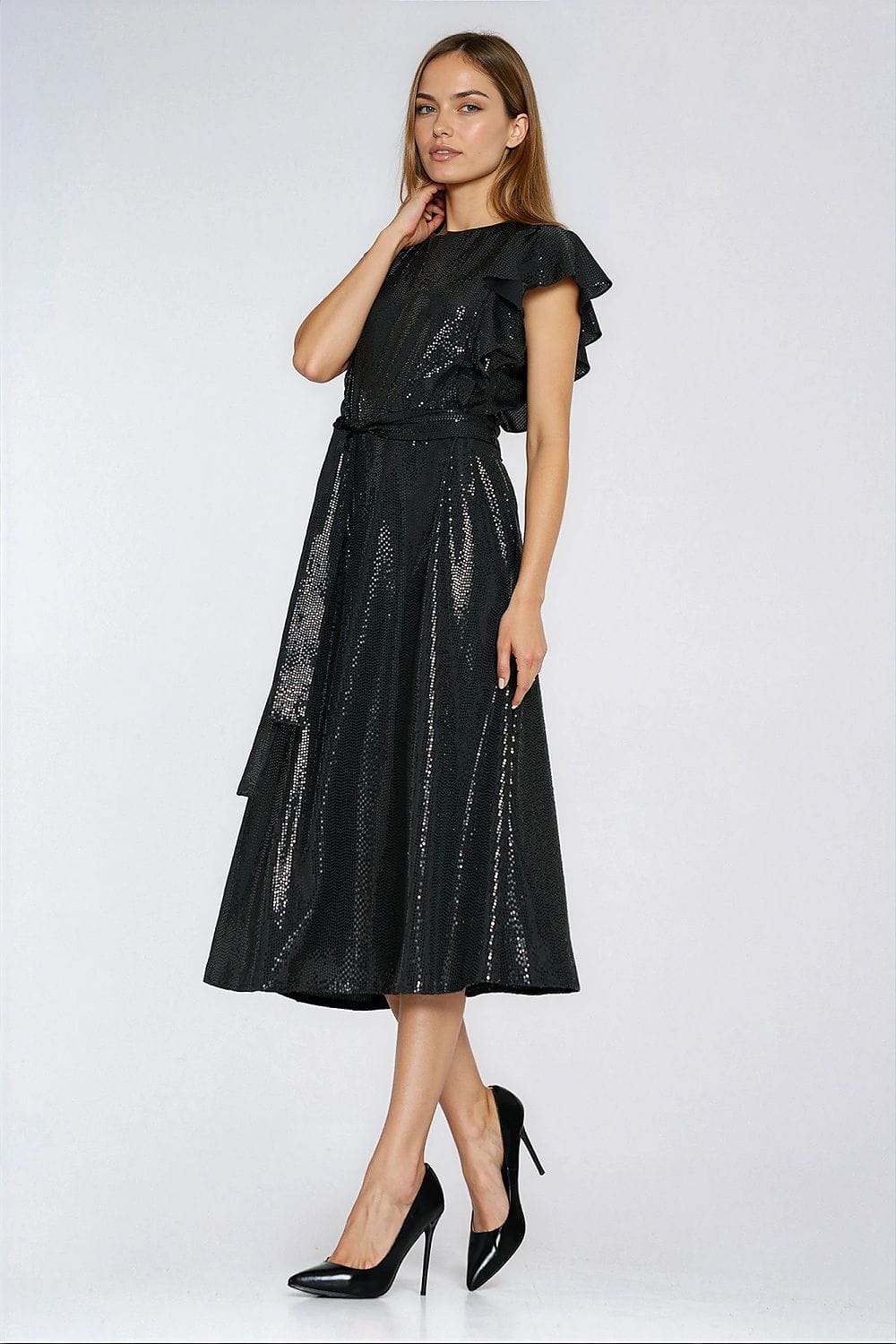 Robe de soirée chic noire midi trapèze manches courtes en tissu à sequins élégante, idéale événement habillé