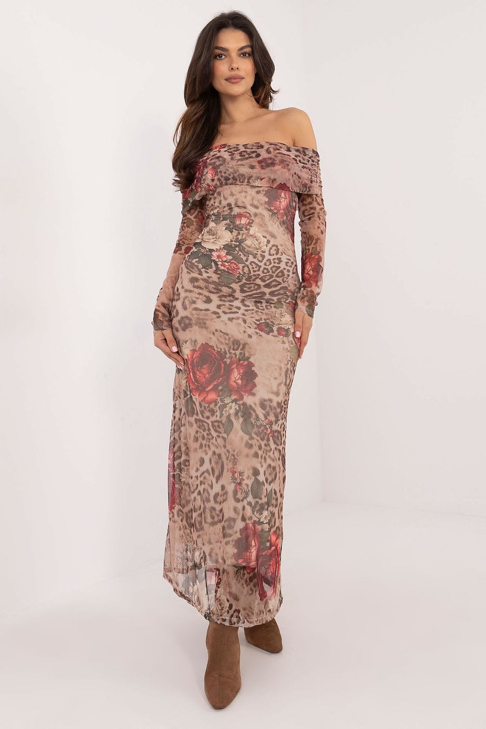 Robe cocktail soirée chic longue à imprimé floral et léopard, manches longues épaules dénudées