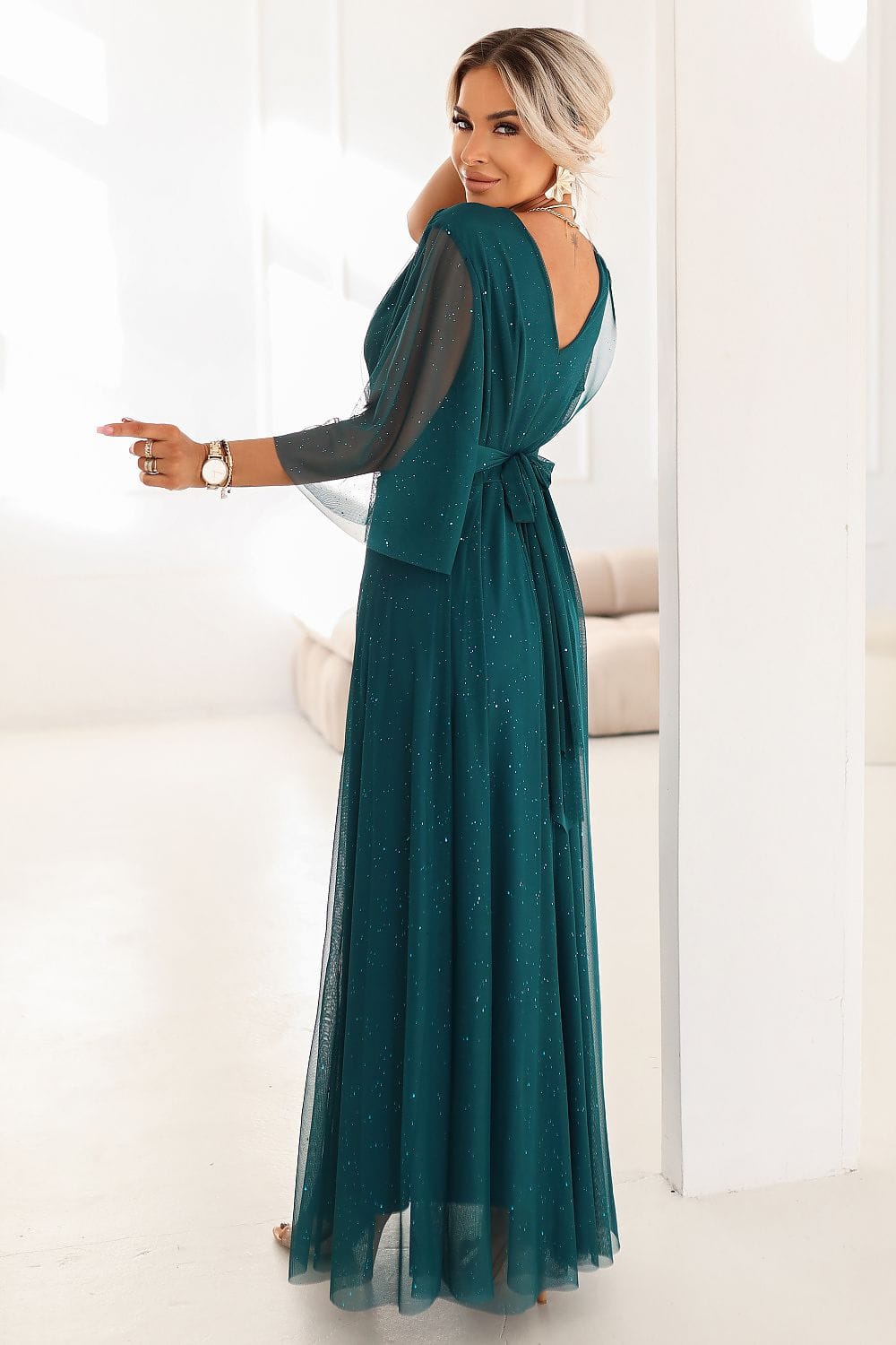 Robe de soirée manches longues verte longue chic grande taille dos nu élégante pour mariage invité