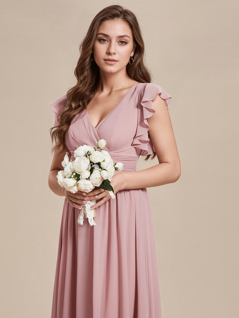 Robe longue rose poudré demoiselle d’honneur chic avec manches courtes à volants tenue cérémonie mariage