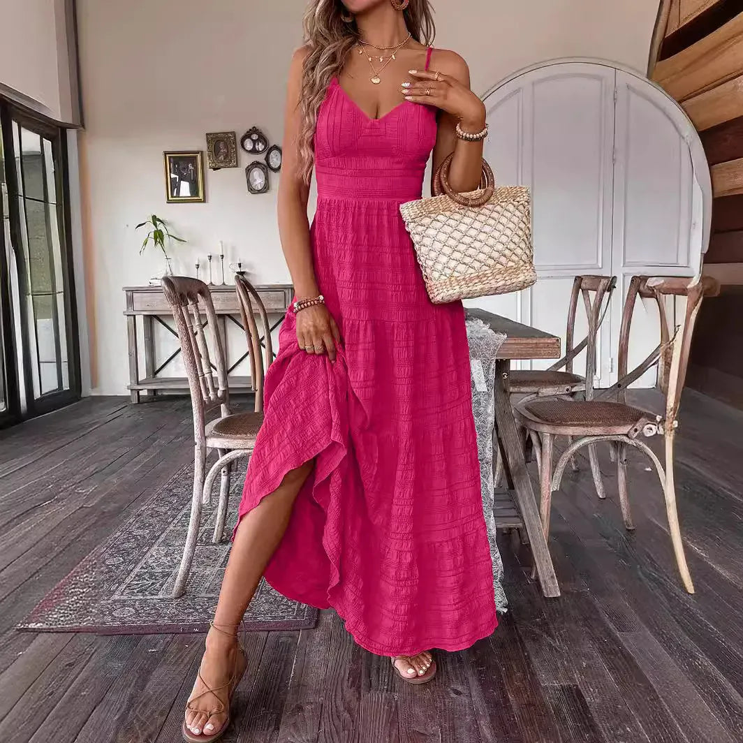 Robe été rose longue noeud romantique au dos
