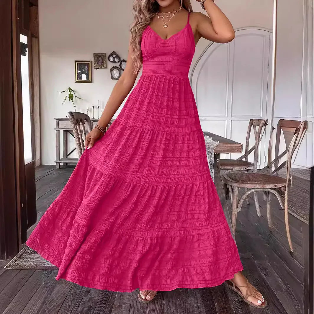 Robe été rose longue noeud romantique au dos