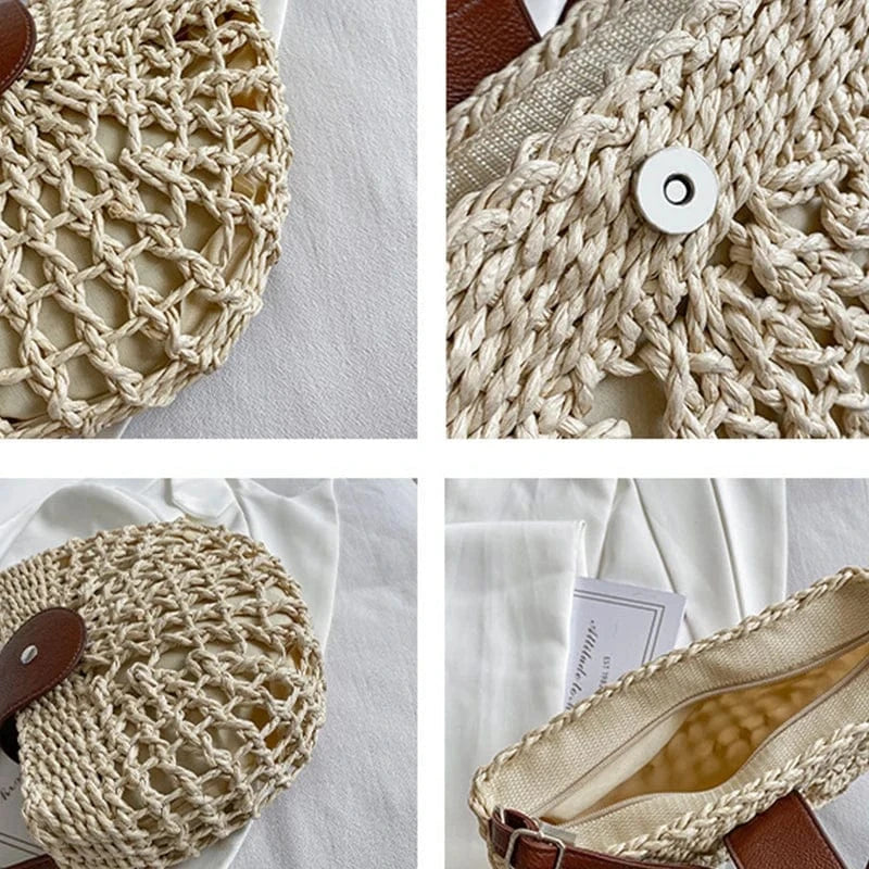 sac à main en paille bohème pour l'été, idéal pour un look champêtre ou une journée à la plage