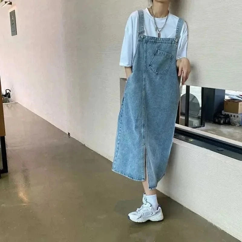 robe casual salopette midi en jean bleu style décontracté sans manches coupe trapèze