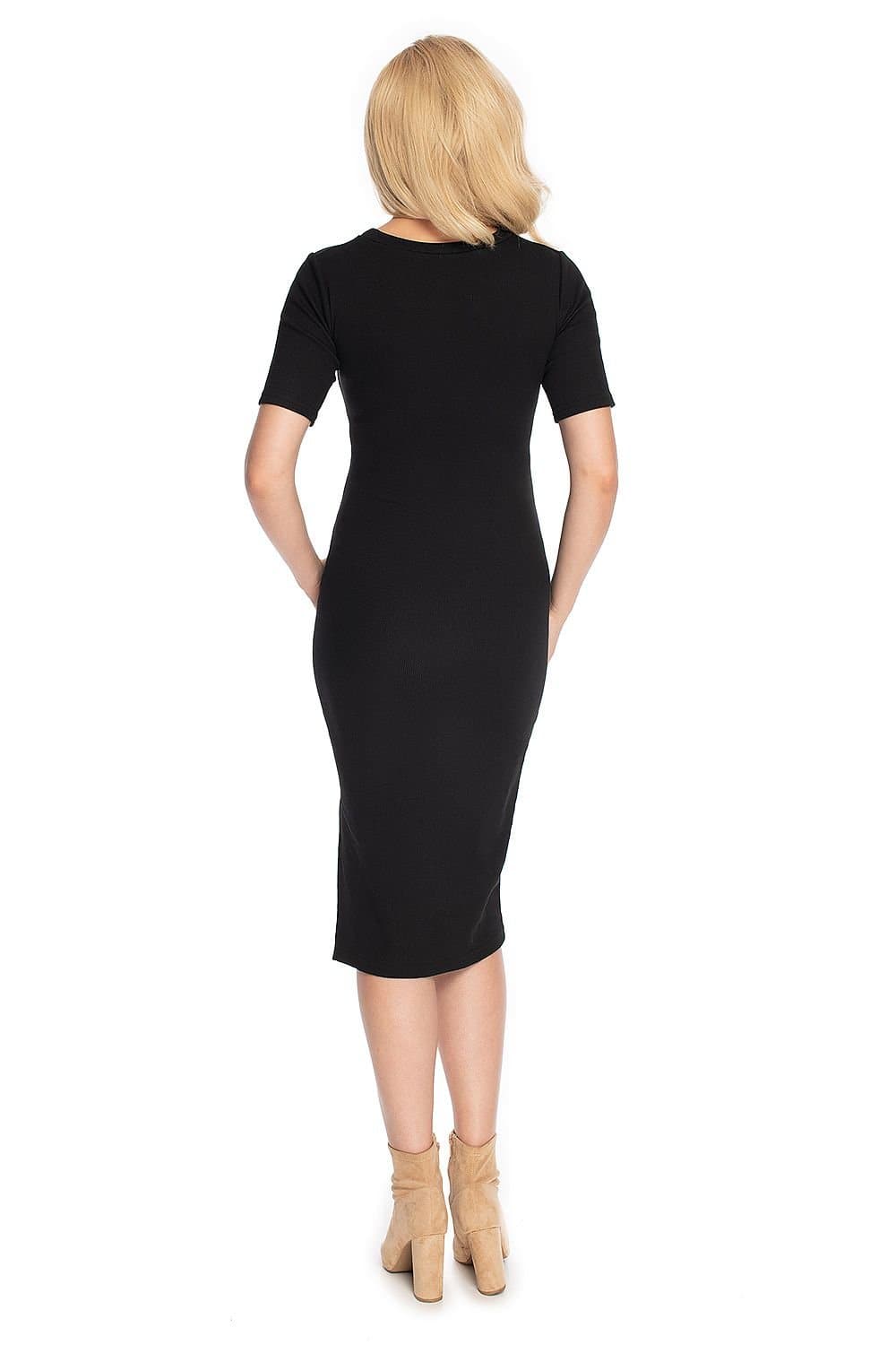 Robe cocktail grossesse noire midi moulante à manches courtes pour future maman élégante.