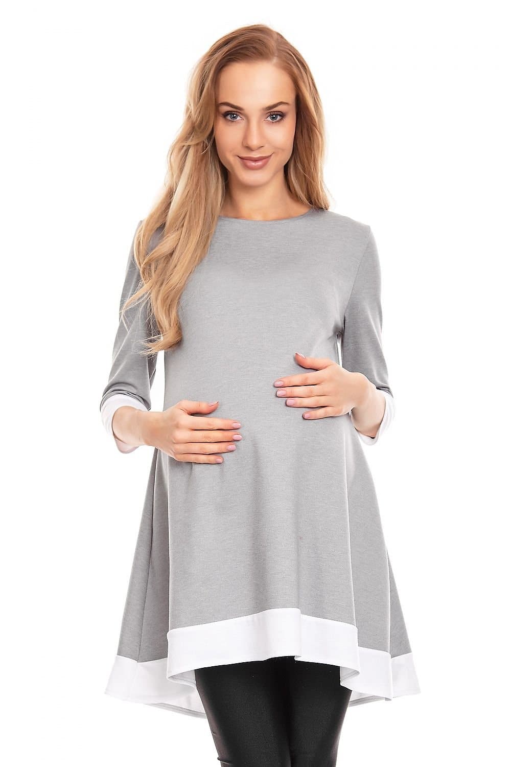 Robe de grossesse hiver grise et blanche trapèze confortable à manches longues pour future maman.