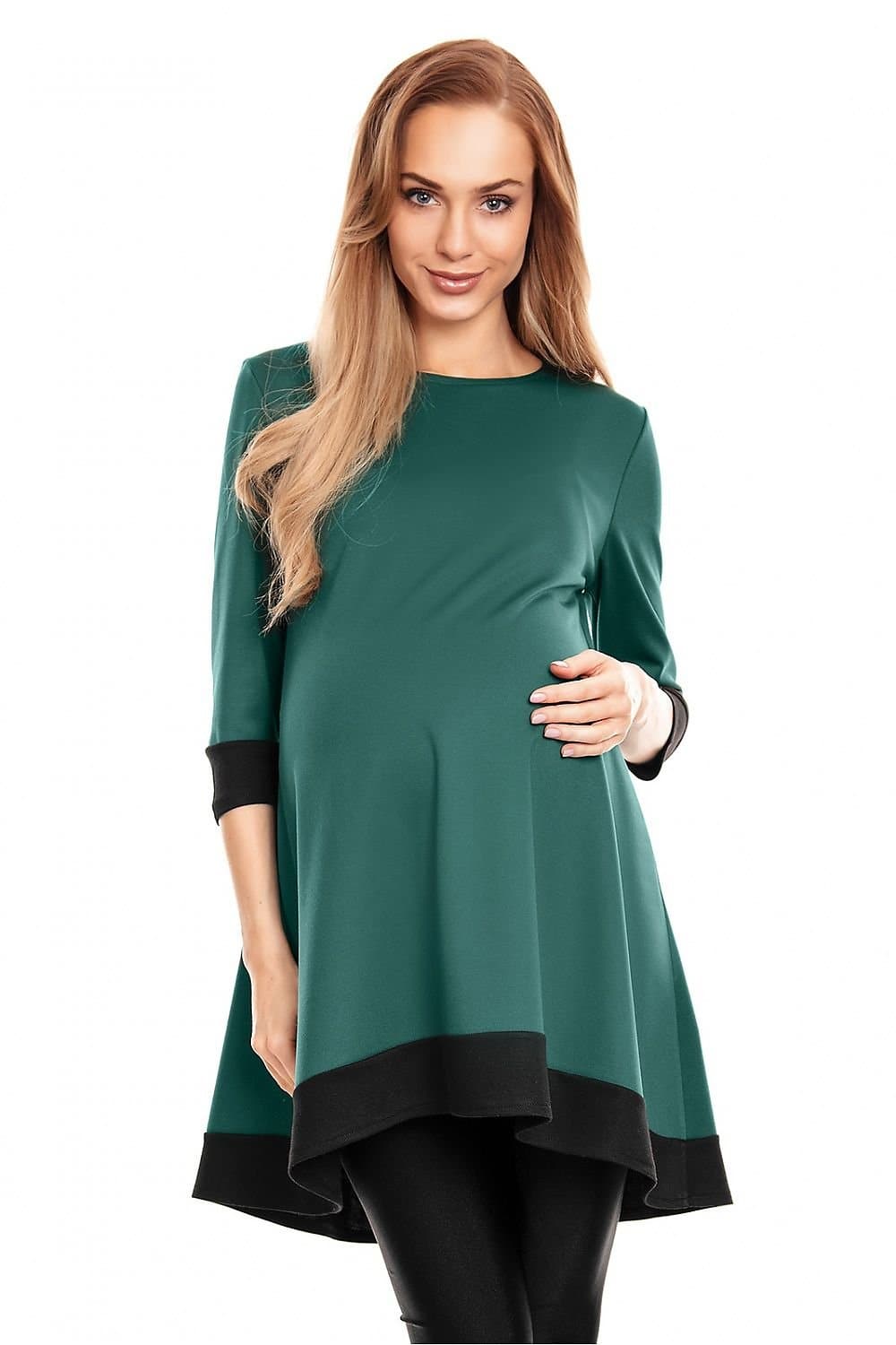 Robe de grossesse verte midi fluide femme avec manches longues pour un style casual et confortable.